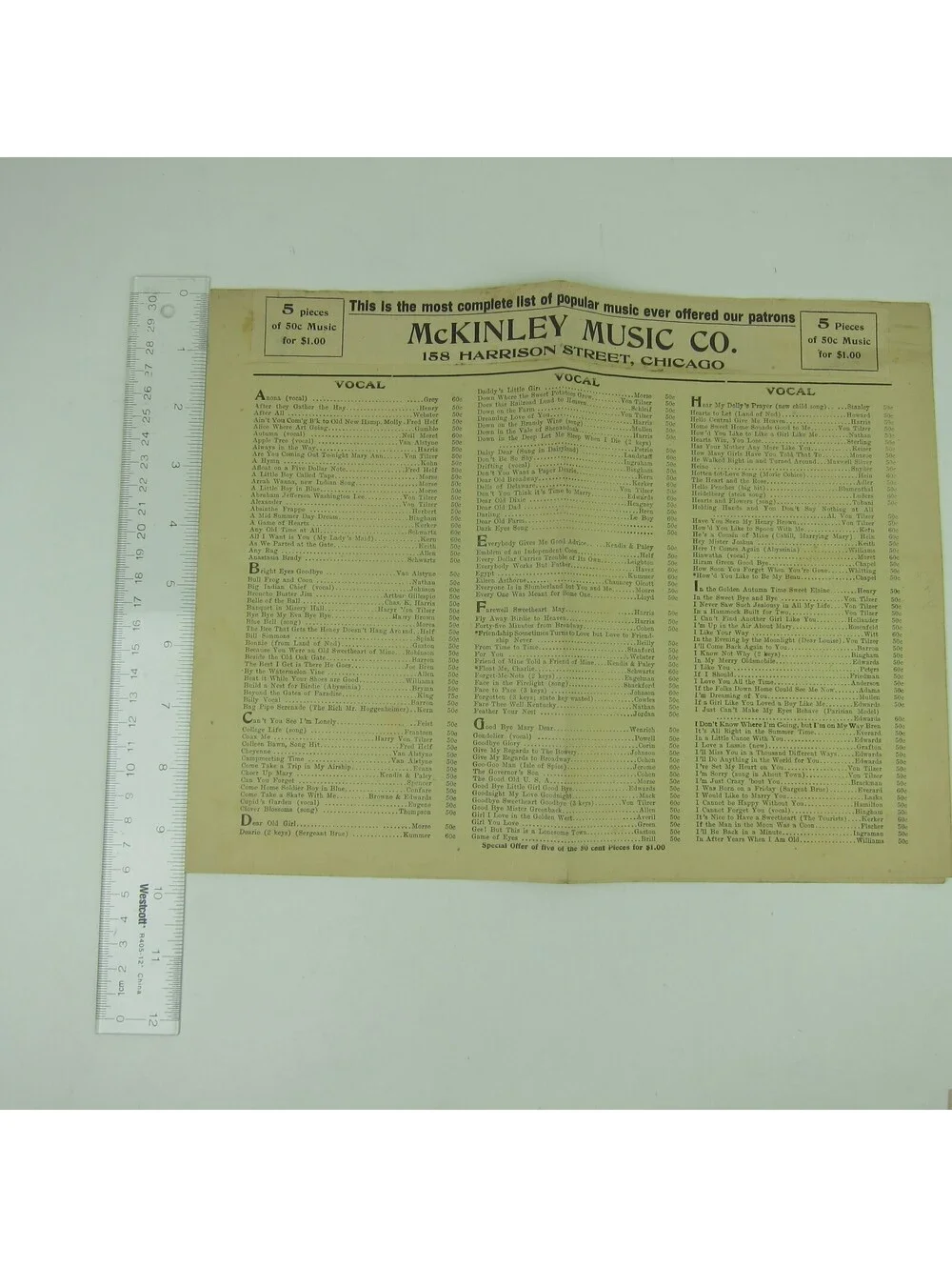 McKinley Music Co Advertising Sheet Music Catalog Order Form & Envelope 1910s